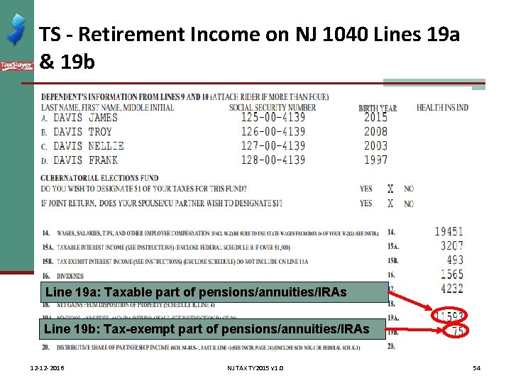 TS - Retirement Income on NJ 1040 Lines 19 a & 19 b Line