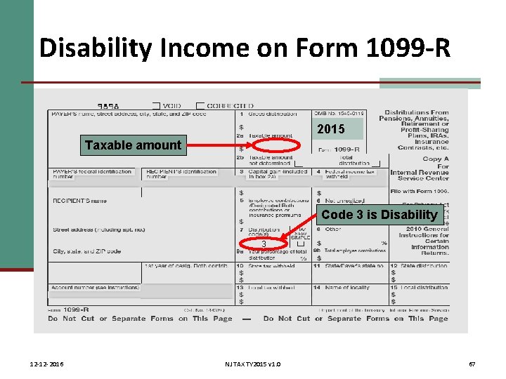 Disability Income on Form 1099 -R 2015 Taxable amount Code 3 is Disability 3