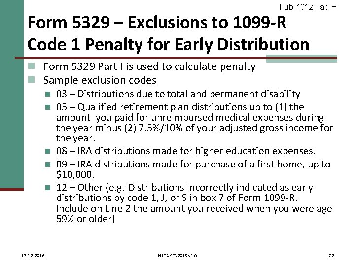 Pub 4012 Tab H Form 5329 – Exclusions to 1099 -R Code 1 Penalty