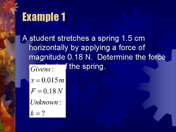 Example 1 A student stretches a spring 1. 5 cm horizontally by applying a