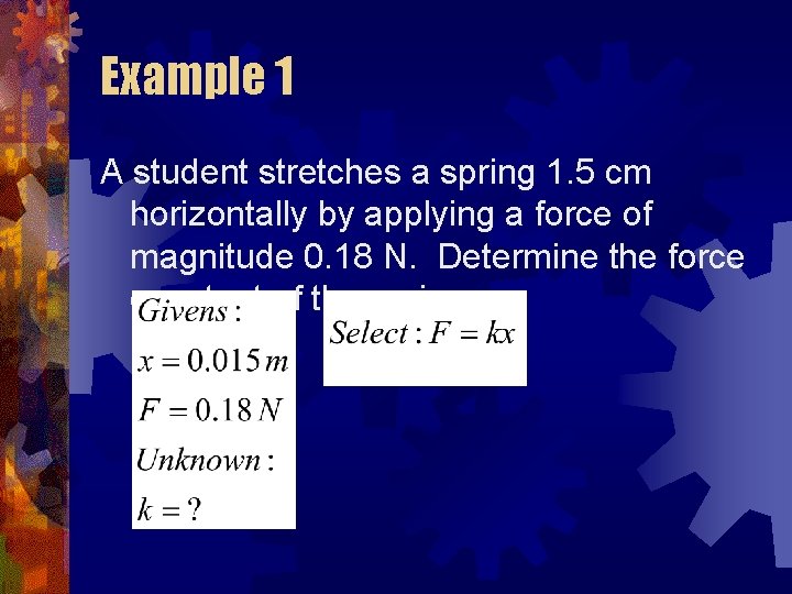 Example 1 A student stretches a spring 1. 5 cm horizontally by applying a