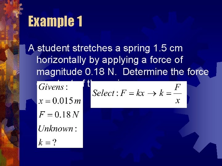 Example 1 A student stretches a spring 1. 5 cm horizontally by applying a