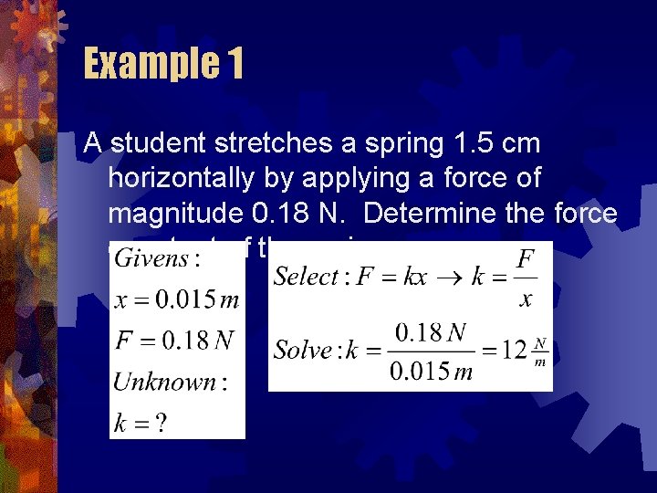 Example 1 A student stretches a spring 1. 5 cm horizontally by applying a