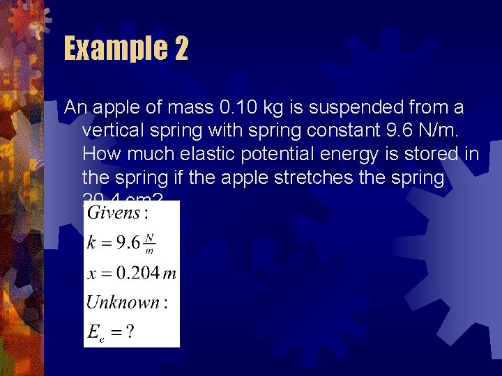 Example 2 An apple of mass 0. 10 kg is suspended from a vertical