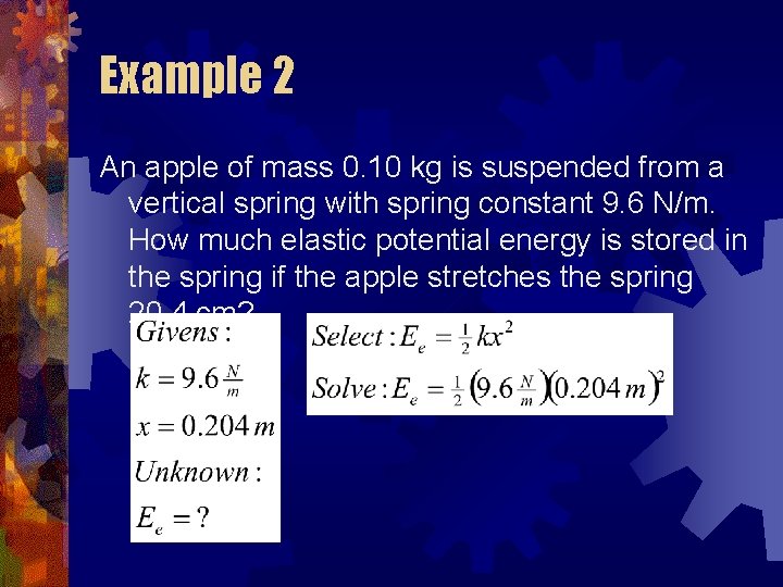 Example 2 An apple of mass 0. 10 kg is suspended from a vertical