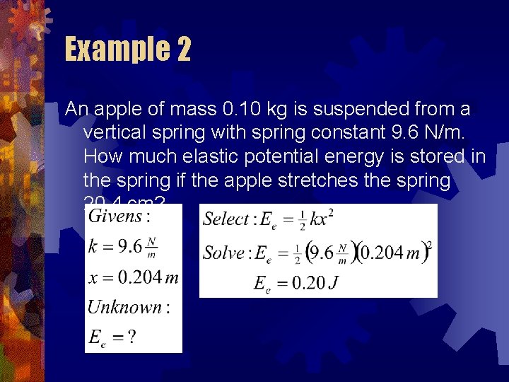 Example 2 An apple of mass 0. 10 kg is suspended from a vertical