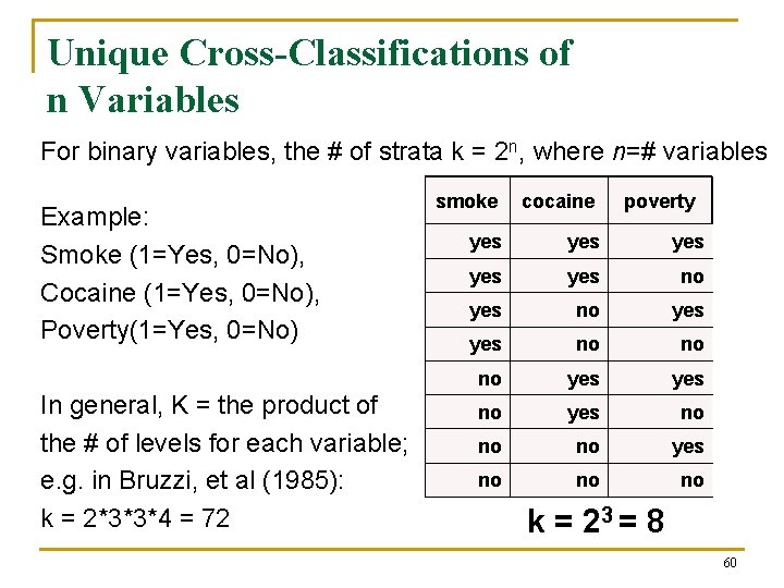 Unique Cross-Classifications of n Variables For binary variables, the # of strata k =