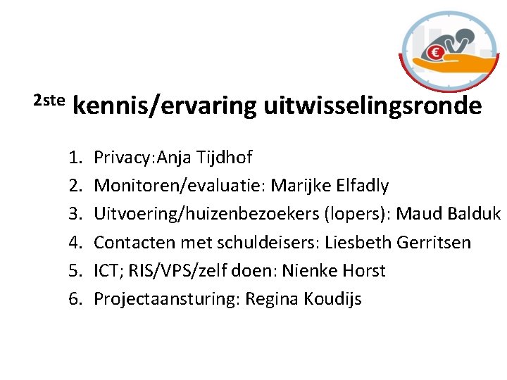 2 ste kennis/ervaring uitwisselingsronde 1. 2. 3. 4. 5. 6. Privacy: Anja Tijdhof Monitoren/evaluatie: