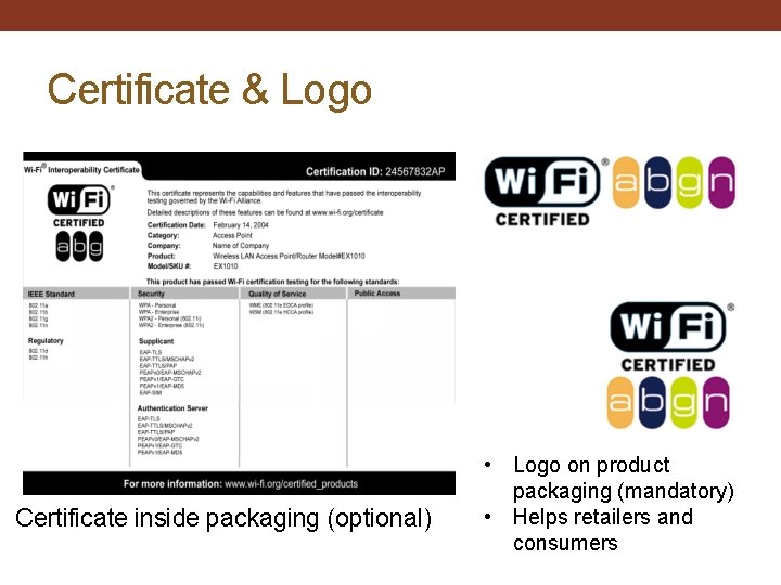 Certificate & Logo Certificate inside packaging (optional) • Logo on product packaging (mandatory) •