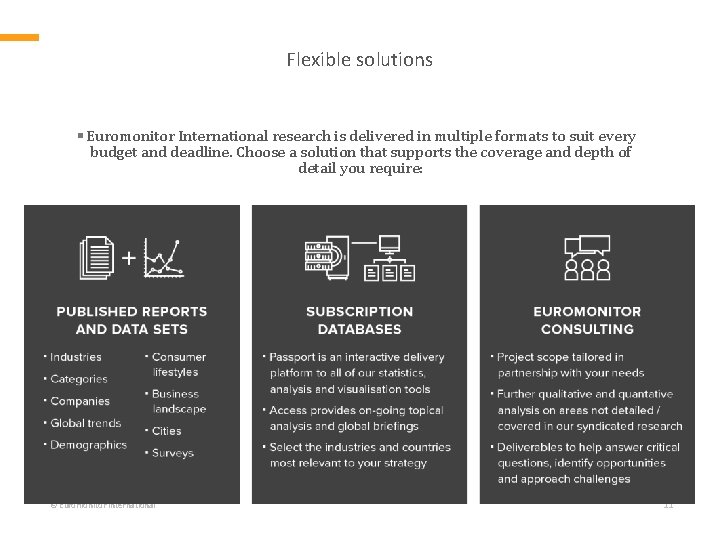 ABOUT EUROMONITOR INTERNATIONAL Flexible solutions § Euromonitor International research is delivered in multiple formats