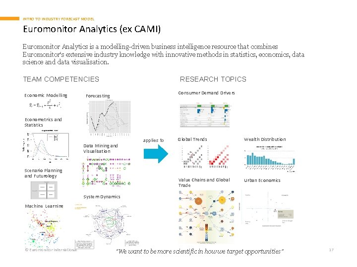 INTRO TO INDUSTRY FORECAST MODEL Euromonitor Analytics (ex CAMI) Euromonitor Analytics is a modelling-driven