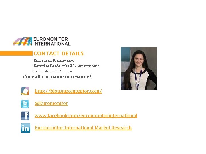 CONTACT DETAILS Екатерина Бондаренко, Ecaterina. Bondarenko@Euromonitor. com Senior Account Manager Спасибо за ваше внимание!