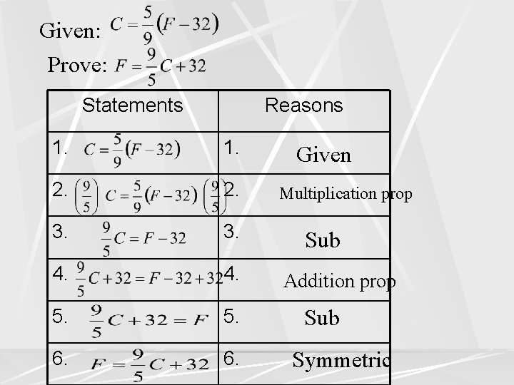 Given: Prove: Statements Reasons 1. 2. 3. 4. 5. 6. Given Multiplication prop Sub