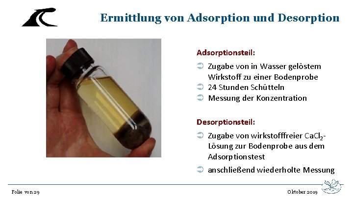 Ermittlung von Adsorption und Desorption Adsorptionsteil: Ü Zugabe von in Wasser gelöstem Wirkstoff zu