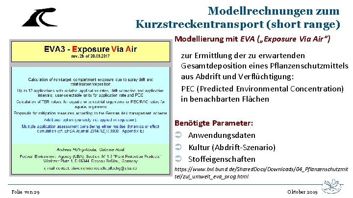 Modellrechnungen zum Kurzstreckentransport (short range) Modellierung mit EVA („Exposure Via Air“) zur Ermittlung der