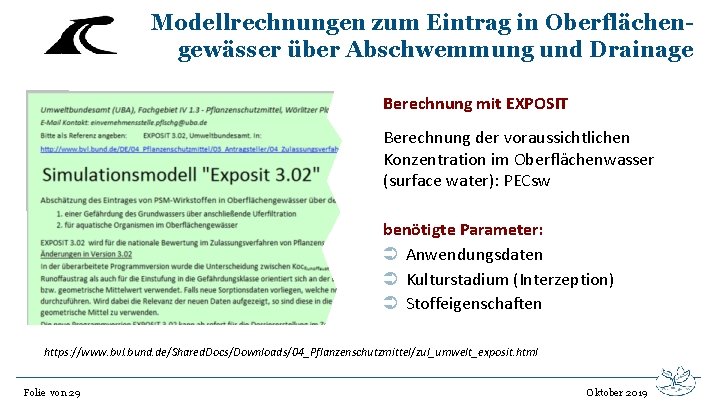 Modellrechnungen zum Eintrag in Oberflächengewässer über Abschwemmung und Drainage Berechnung mit EXPOSIT Berechnung der