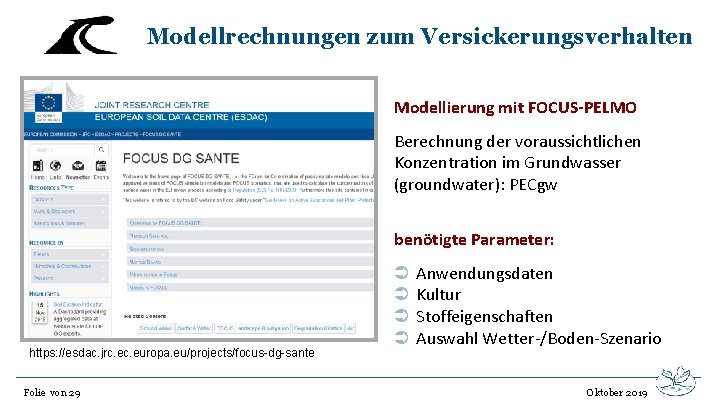 Modellrechnungen zum Versickerungsverhalten Modellierung mit FOCUS-PELMO Berechnung der voraussichtlichen Konzentration im Grundwasser (groundwater): PECgw