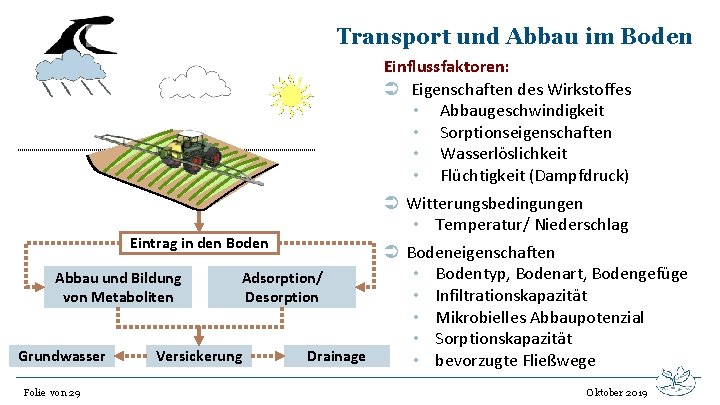 Transport und Abbau im Boden Einflussfaktoren: Ü Eigenschaften des Wirkstoffes • Abbaugeschwindigkeit • Sorptionseigenschaften