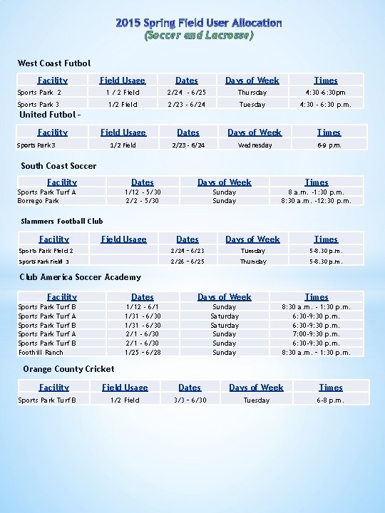 (Soccer and Lacrosse) West Coast Futbol Facility Field Usage Dates Days of Week Times