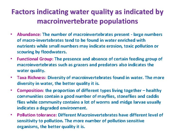  Factors indicating water quality as indicated by macroinvertebrate populations • Abundance: The number