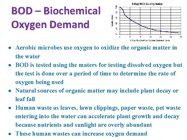 BOD – Biochemical Oxygen Demand Aerobic microbes use oxygen to oxidize the organic matter