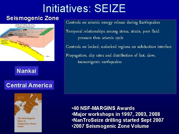 Initiatives: SEIZE Seismogenic Zone SEIZE Controls on seismic energy release during Earthquakes Temporal relationships