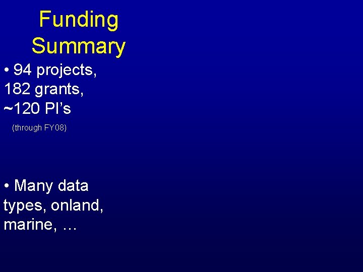 Funding Summary • 94 projects, 182 grants, ~120 PI’s (through FY 08) • Many