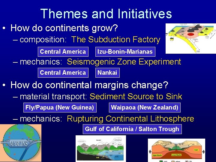 Themes and Initiatives • How do continents grow? – composition: The Subduction Factory Central