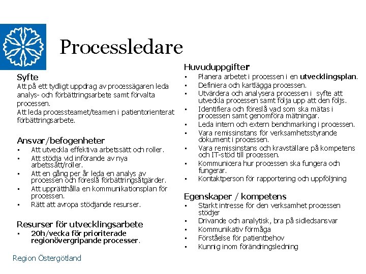 Processledare Syfte Att på ett tydligt uppdrag av processägaren leda analys- och förbättringsarbete samt