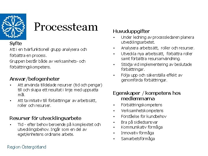 Processteam Huvuduppgifter • Syfte Att i en tvärfunktionell grupp analysera och förbättra en process.