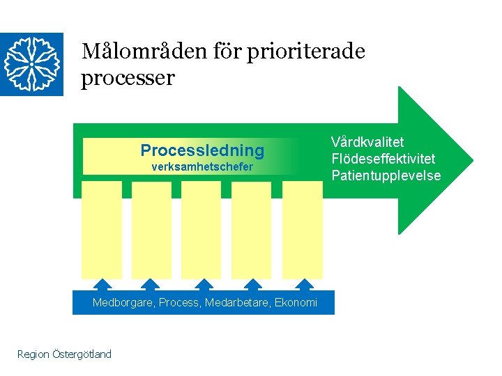 Målområden för prioriterade processer Processledning verksamhetschefer Medborgare, Process, Medarbetare, Ekonomi Region Östergötland Vårdkvalitet Flödeseffektivitet