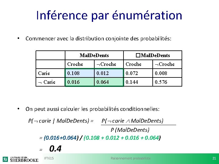 Inférence par énumération • Commencer avec la distribution conjointe des probabilités: Mal. Dents �Mal.