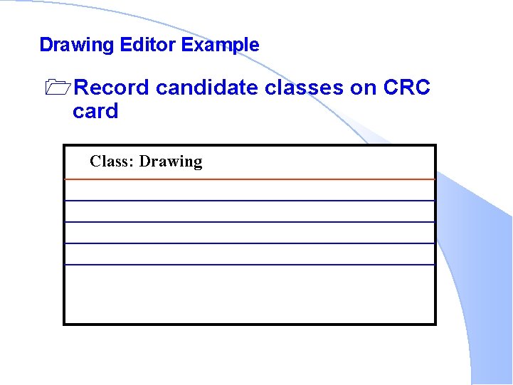Drawing Editor Example 1 Record candidate classes on CRC card Class: Drawing 