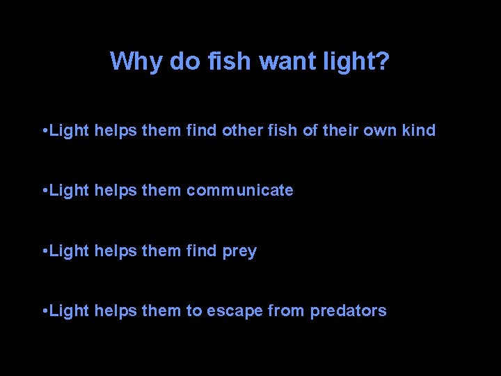 Why do fish want light? • Light helps them find other fish of their