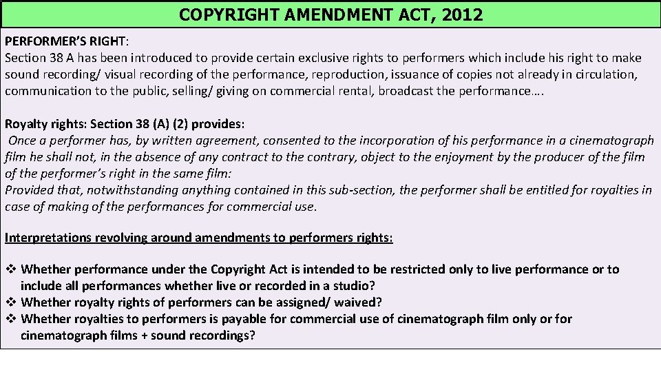  COPYRIGHT AMENDMENT ACT, 2012 PERFORMER’S RIGHT: Section 38 A has been introduced to
