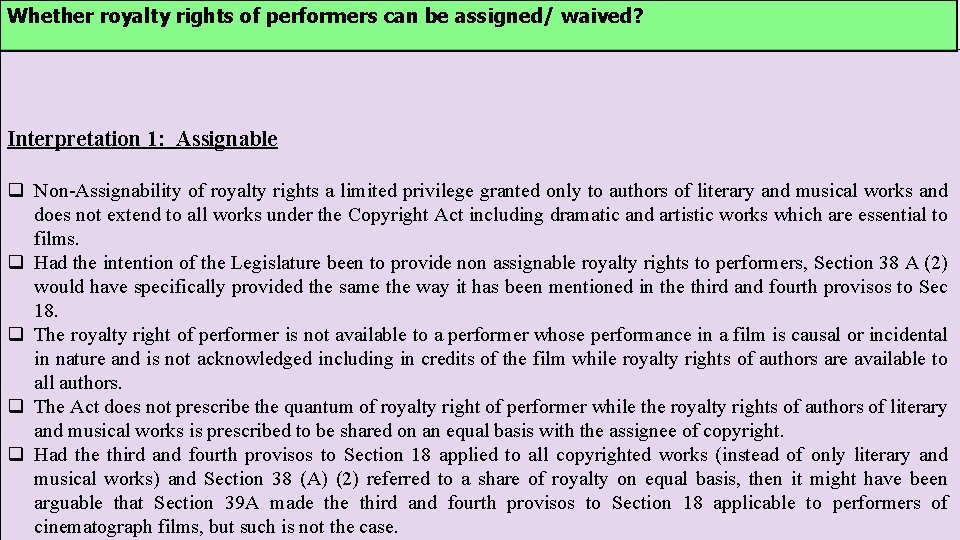 Whether royalty rights of performers can be assigned/ waived? Interpretation 1: Assignable q Non-Assignability