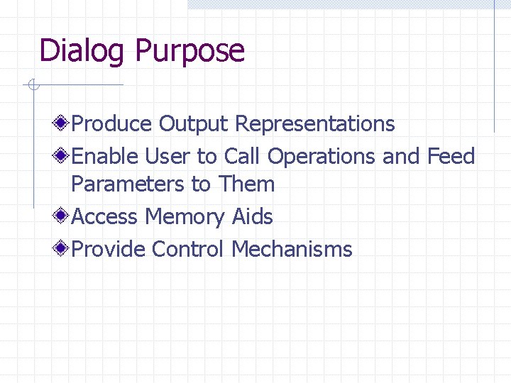 Dialog Purpose Produce Output Representations Enable User to Call Operations and Feed Parameters to