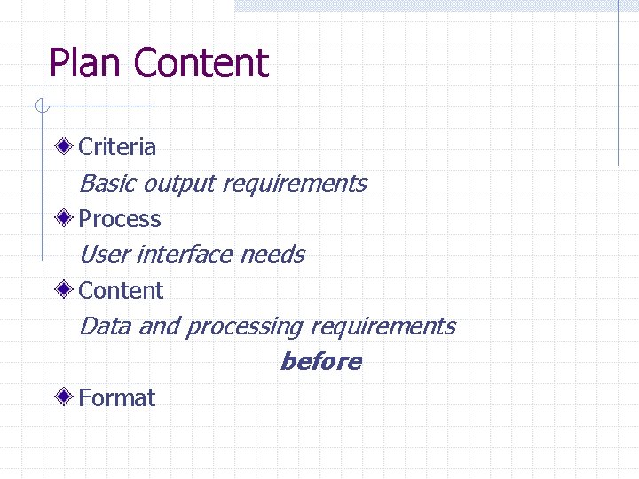 Plan Content Criteria Basic output requirements Process User interface needs Content Data and processing