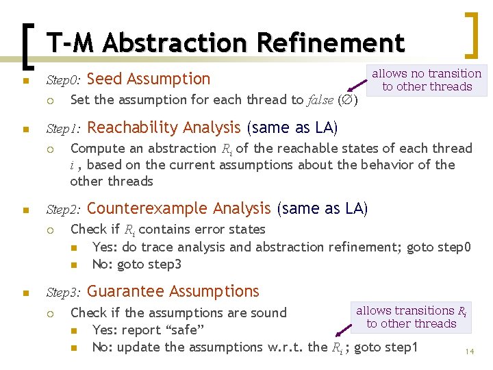T-M Abstraction Refinement n n Step 0: Seed Assumption ¡ Set the assumption for