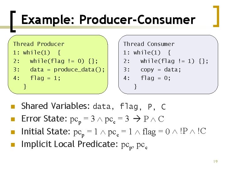 Example: Producer-Consumer Thread Producer 1: while(1) { 2: while(flag != 0) {}; 3: data
