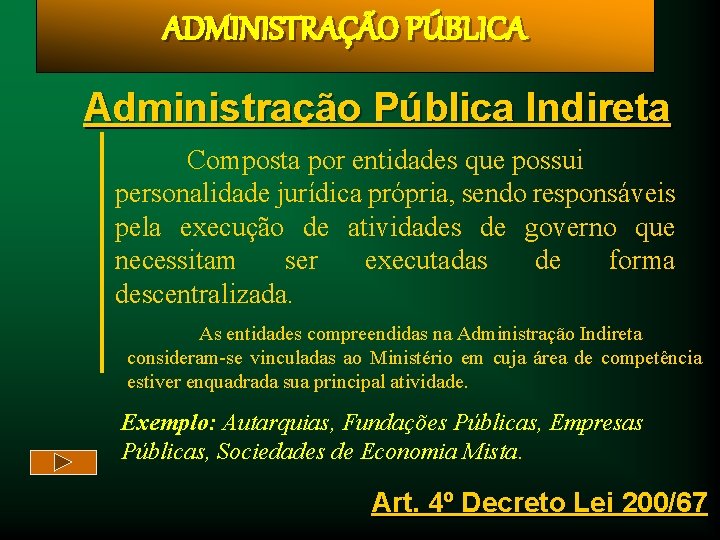 ADMINISTRAÇÃO PÚBLICA Administração Pública Indireta Composta por entidades que possui personalidade jurídica própria, sendo