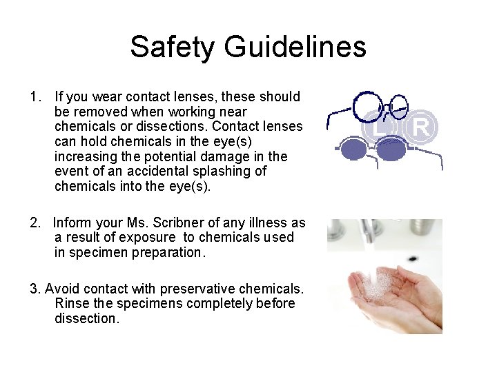 Safety Guidelines 1. If you wear contact lenses, these should be removed when working