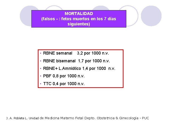 MORTALIDAD (falsos - : fetos muertos en los 7 días siguientes) • RBNE semanal