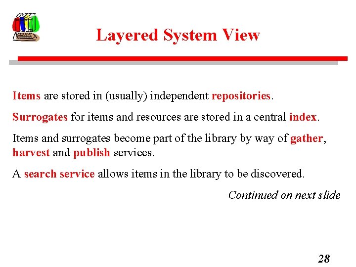 Layered System View Items are stored in (usually) independent repositories. Surrogates for items and