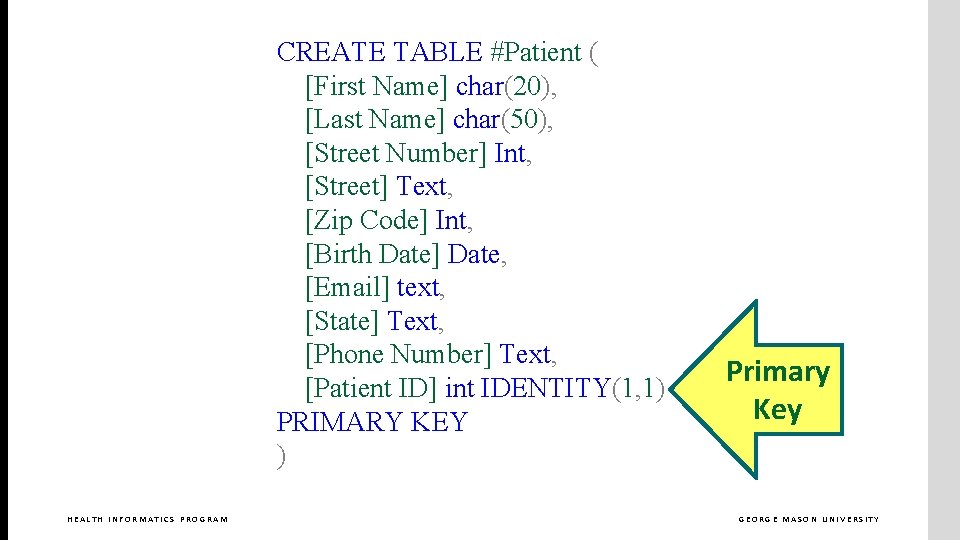 CREATE TABLE #Patient ( [First Name] char(20), [Last Name] char(50), [Street Number] Int, [Street]