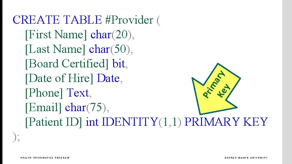 Pri ma Ke ry y CREATE TABLE #Provider ( [First Name] char(20), [Last Name]