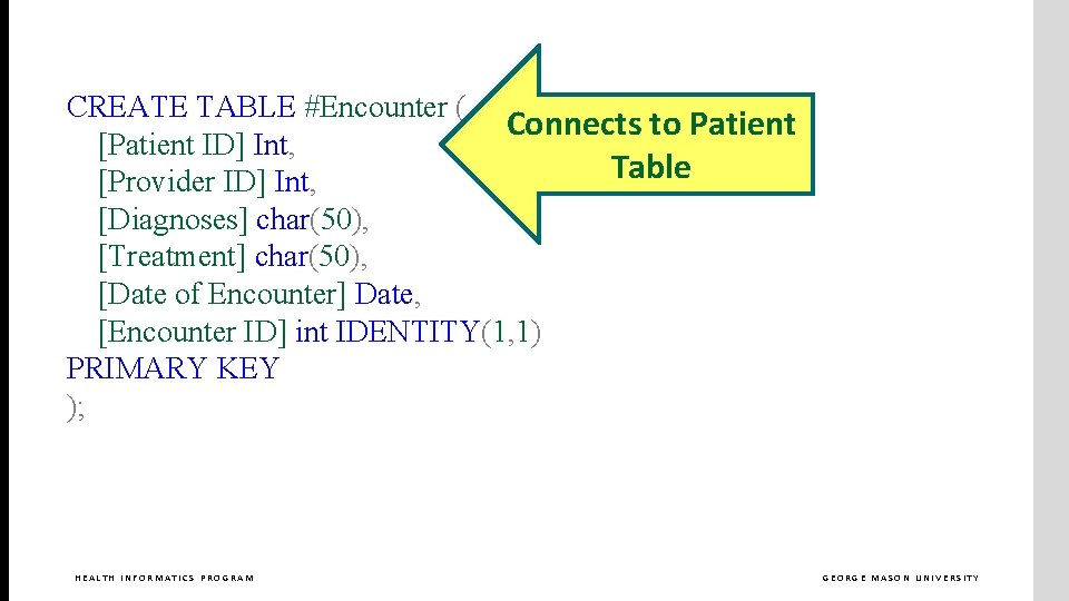 CREATE TABLE #Encounter ( Connects to Patient [Patient ID] Int, Table [Provider ID] Int,