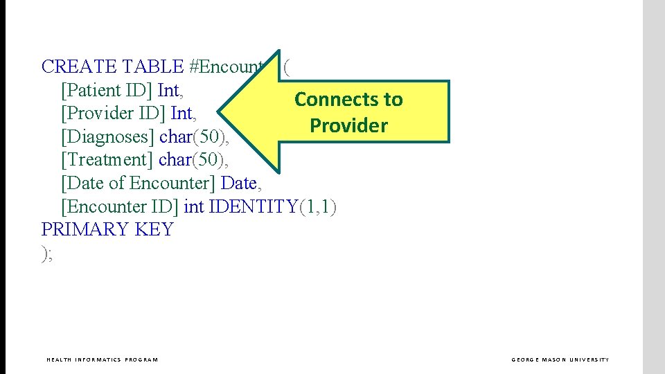 CREATE TABLE #Encounter ( [Patient ID] Int, Connects to [Provider ID] Int, Provider [Diagnoses]