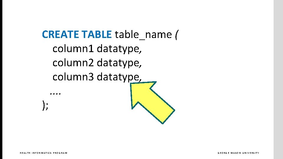 CREATE TABLE table_name ( column 1 datatype, column 2 datatype, column 3 datatype, .