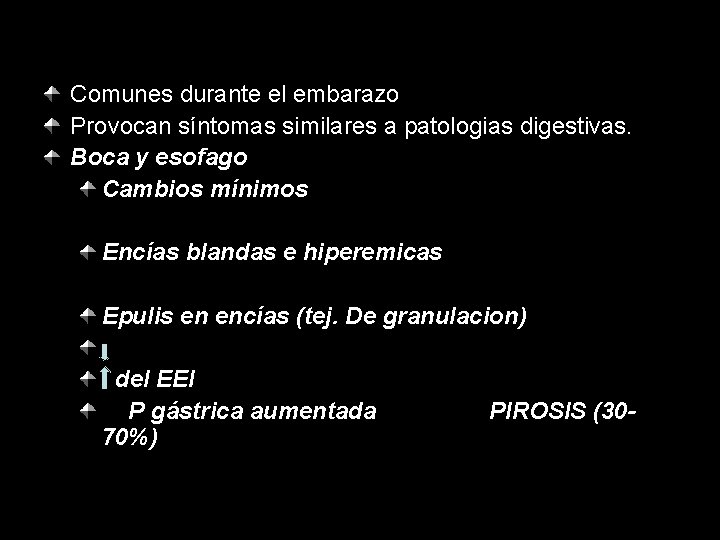 Comunes durante el embarazo Provocan síntomas similares a patologias digestivas. Boca y esofago Cambios